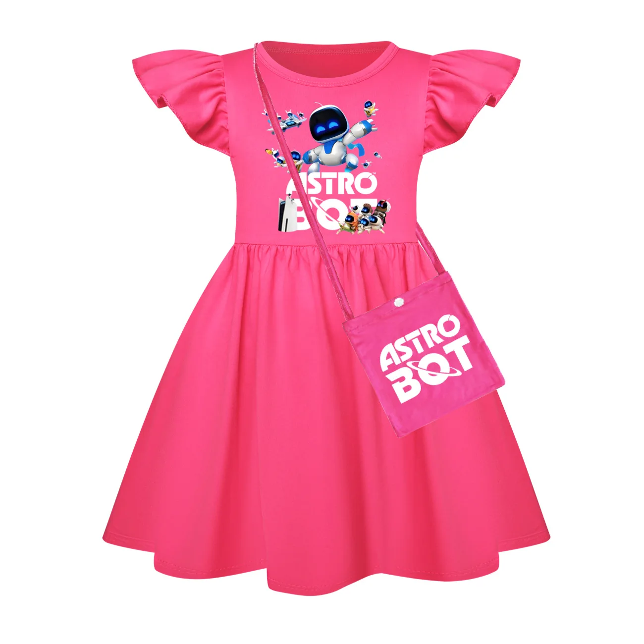 Cartoon ASTRO BOT Clothes Baby Girls ASTROBOT PS5 Dress Kids Short Sleeve Casual Dresses&Bag Children Wedding Princess Vestidos