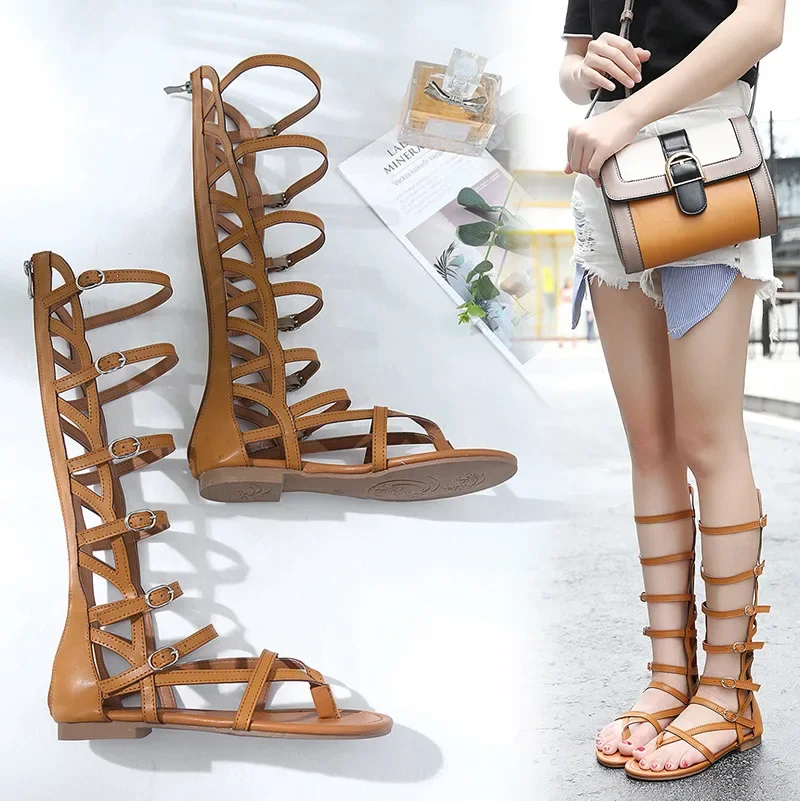 Roman Gladiator Bandage Sandals Women Knee High Flat Sandalias Botas Femininas Women Shoes Girls Summer Hollow Ankle Boot