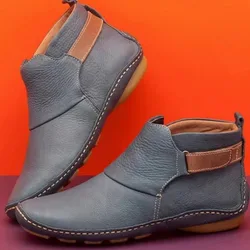 Women's Boots Fashion Non-slip Flat Leather Round Toe Comfort Ankle Boots Winter New Casual Pull-on Style British Style Botines