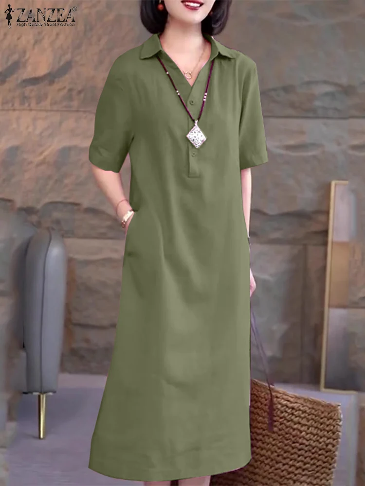 

Платье ZANZEA женское средней длины на пуговицах с коротким рукавом, модный Свободный Повседневный Однотонный сарафан с воротником с лацканами, лето 2024