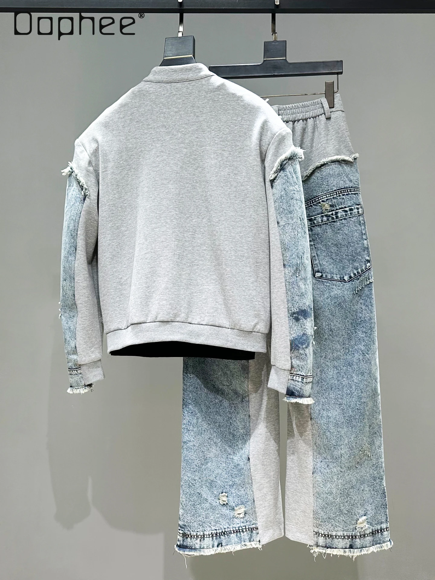 

2026 Spring and Autumn Men's Blue and Gray Trim Design Loose Casual Denim Patchwork Jacket Wide-Leg Pants Two-Piece Set