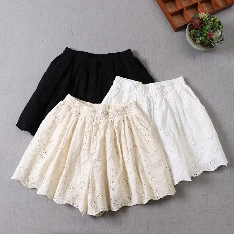 Hollow Out Shorts for Women Solid Korean Style Elastic Waist Thin Summer Clothing Chic Students All-match Casual Design Ins New