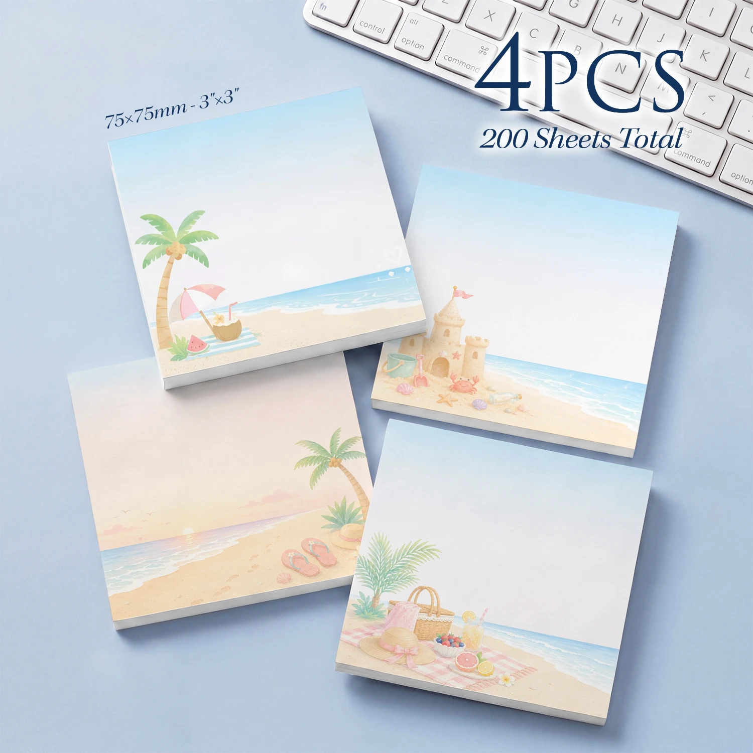 4PCS Summer Beach Sticky Notes 200 Sheets Tropical Palm Sandcastle Picnic Memo Pads Vacation Notes Self Adhesive Office Statione