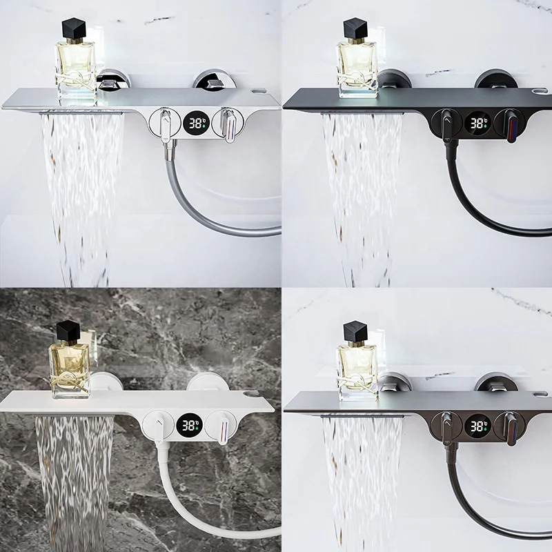 Temperature display bathroom shower set brass black wall mounted hot and cold rainfall shower faucet for toilet bathtub