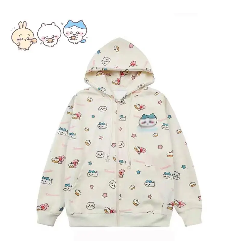 Sudadera con capucha con estampado de dibujos animados de Anime japonés para estudiantes, cárdigan versátil suelto, chaqueta con cremallera, Tops de manga larga, Chiikawass Hachiwares