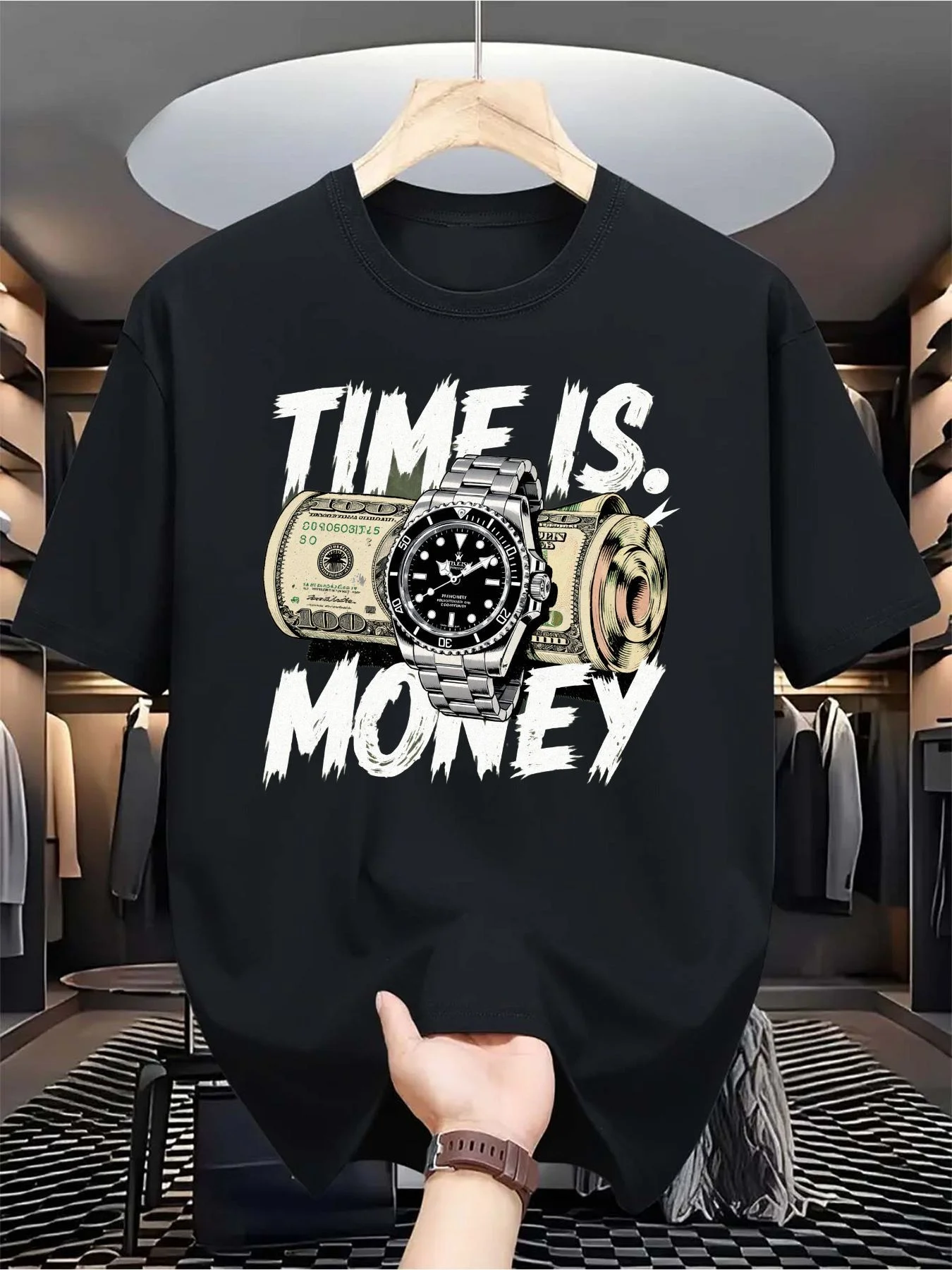 Men's Cotton Soft Time Is Money Printed T-Shirt Casual Street Style T-shirt, Featuring Distressed Text and Dollar Pattern Design, Made of Fabric- A Great Choice for Christmas Gifts, Ideal for Holiday Parties and Celebrations