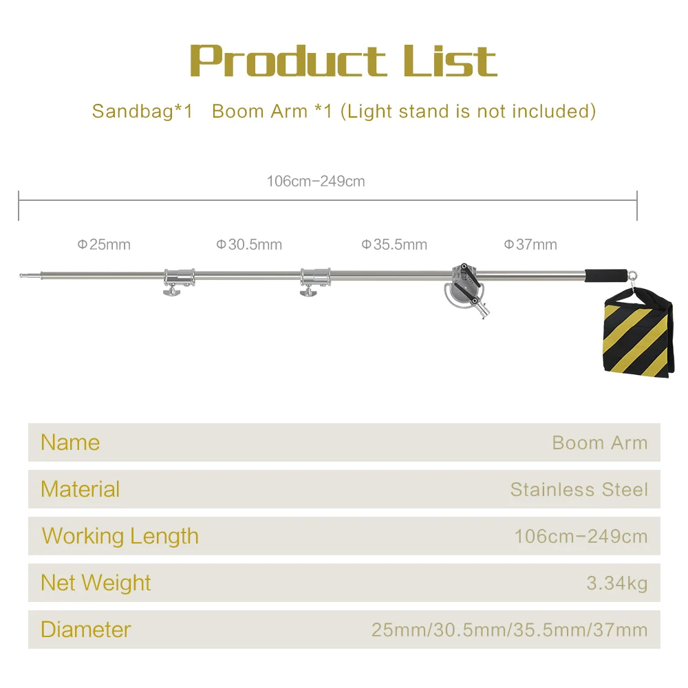 2.49M Length Cross Arm Stainless Steel Kit Light Stand With Weight Bag Photo Studio Accessories Extension Rod