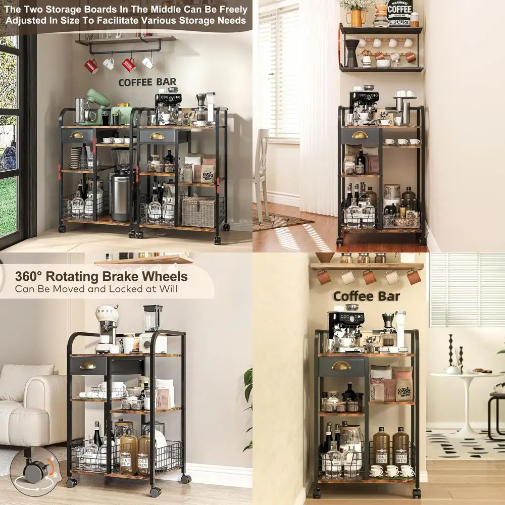 

Rolling Coffee Station with Storage and Adjustable Shelves for Home Use