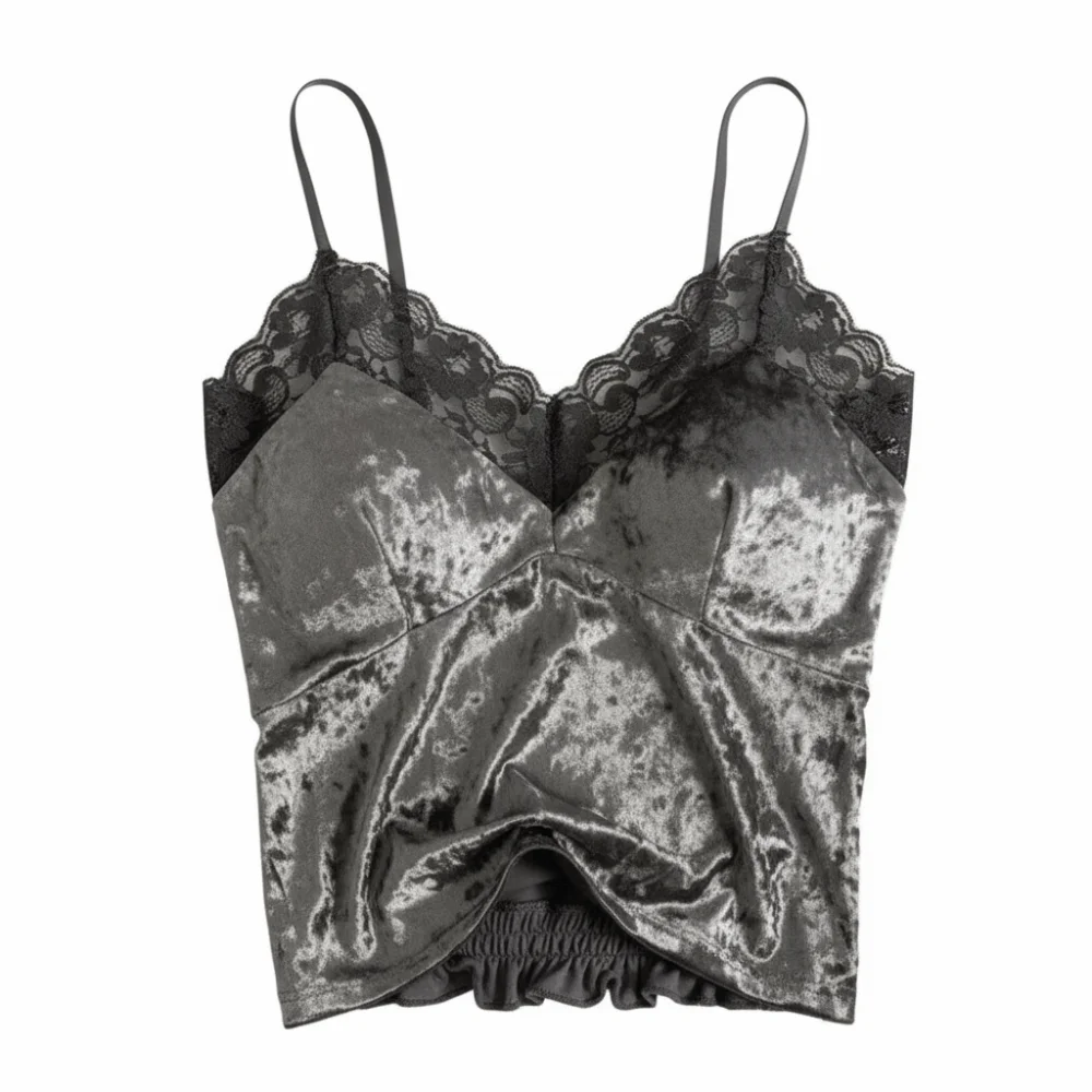 Casual Bra With Breast Pads Velvet Lace Camisole Sleeveless Streetwear Gothic Vest Soft Warm Lace Crop Top Autumn Summer