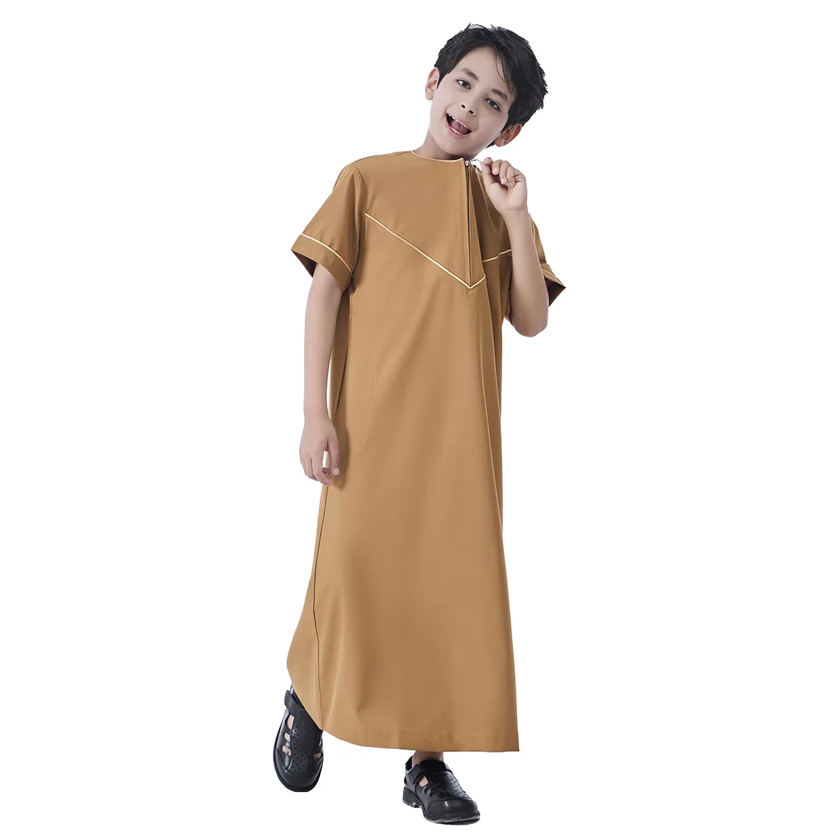 Ramadan Boys Jubba Thobe มุสลิมแฟชั่น Abayas ตะวันออกกลางอาหรับ Kaftan แขนสั้น Robe ดูไบเสื้อผ้าอิสลามเด็กชุดยาว