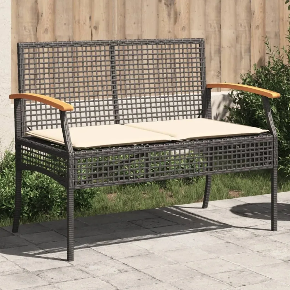 

Patio Bench with Cushion Black Poly Rattan Acacia Wood