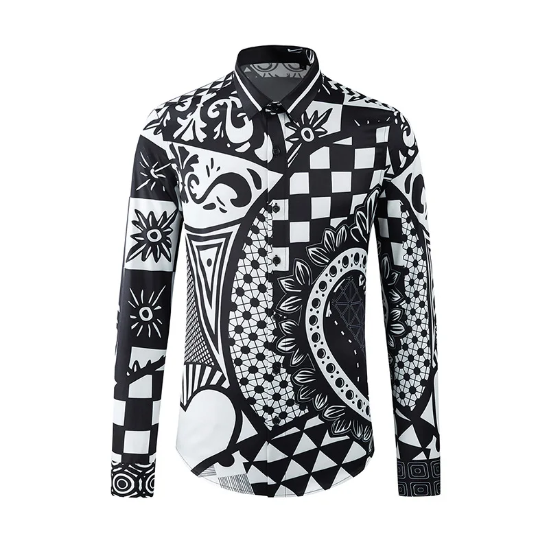 2023 Spring Summer Men\'s Geometric Printed Shirt Long Sleeve Slim Casual Shirts Silky Social Party Tuxedo Business Men Clothing