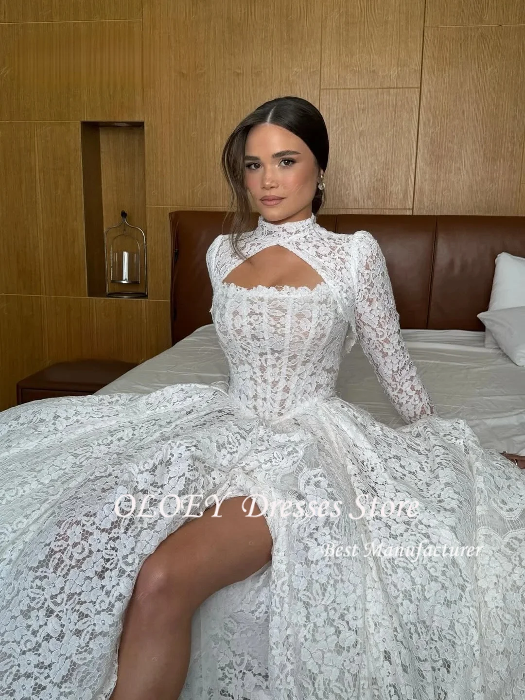 OLOEY, vestido de noche elegante personalizado hasta el suelo con mangas de encaje, vestido de novia de alta calidad, vestido de fiesta nupcial con cuentas de temperamento