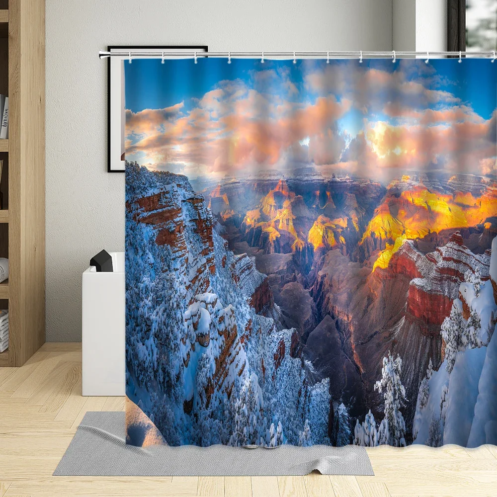 Winter landscape Snow Peak Shower Curtains Forest Mountain Waterfall Bath Curtain With Hooks Waterproof Fabric Bathroom Sets