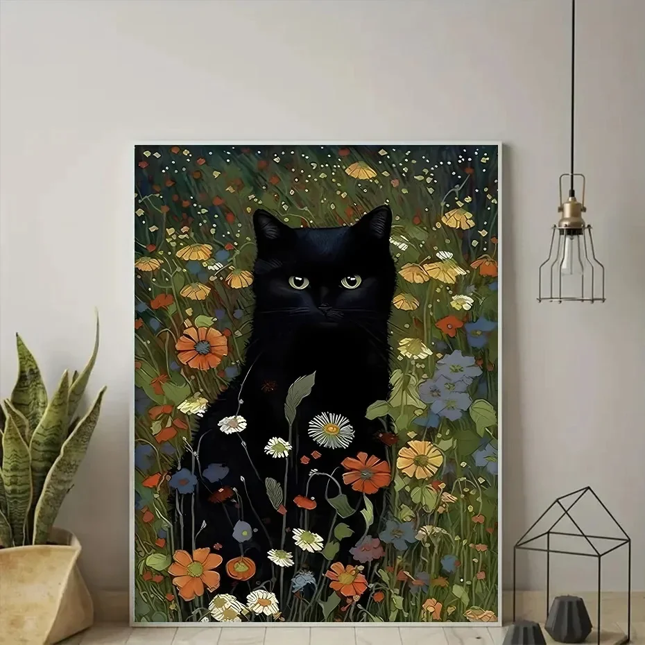 Colorful Flowers Cat Black in Garden Poster for Cat Lover Canvas Painting Print Pictures Living Room Home Decor Wall Art Gift