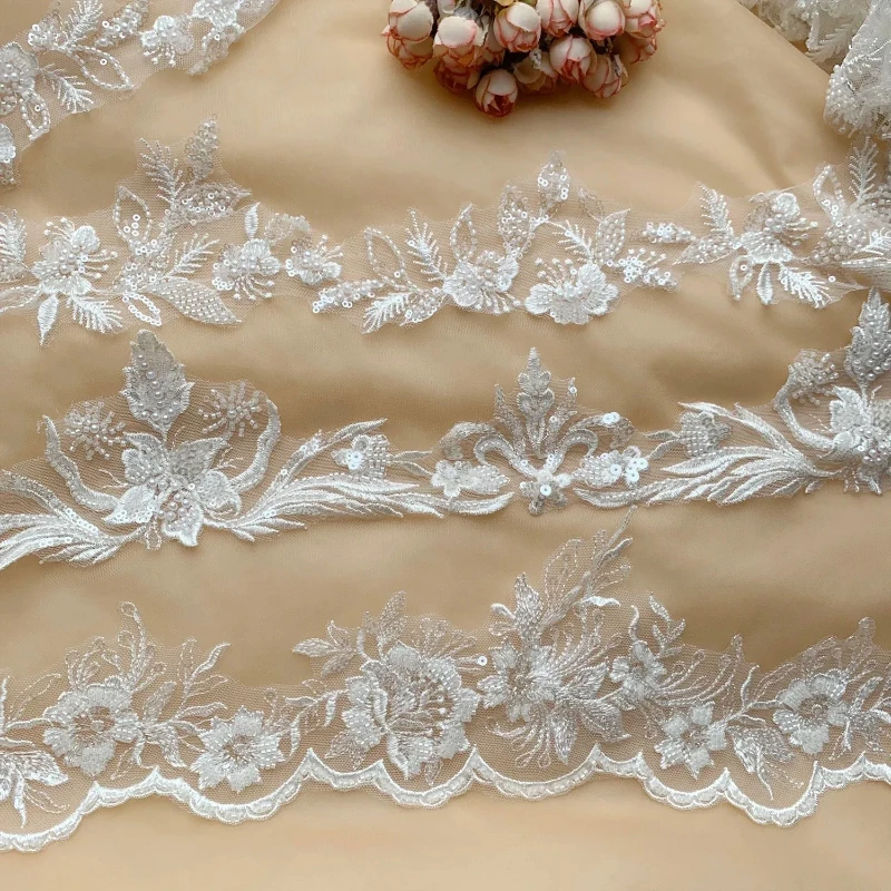 3Yards/pack Superior Quality Ivory White Sewn Bead Lace Lace Head Veil,Wedding Dress,Decorative Accessories, Lace Handmade DIY.