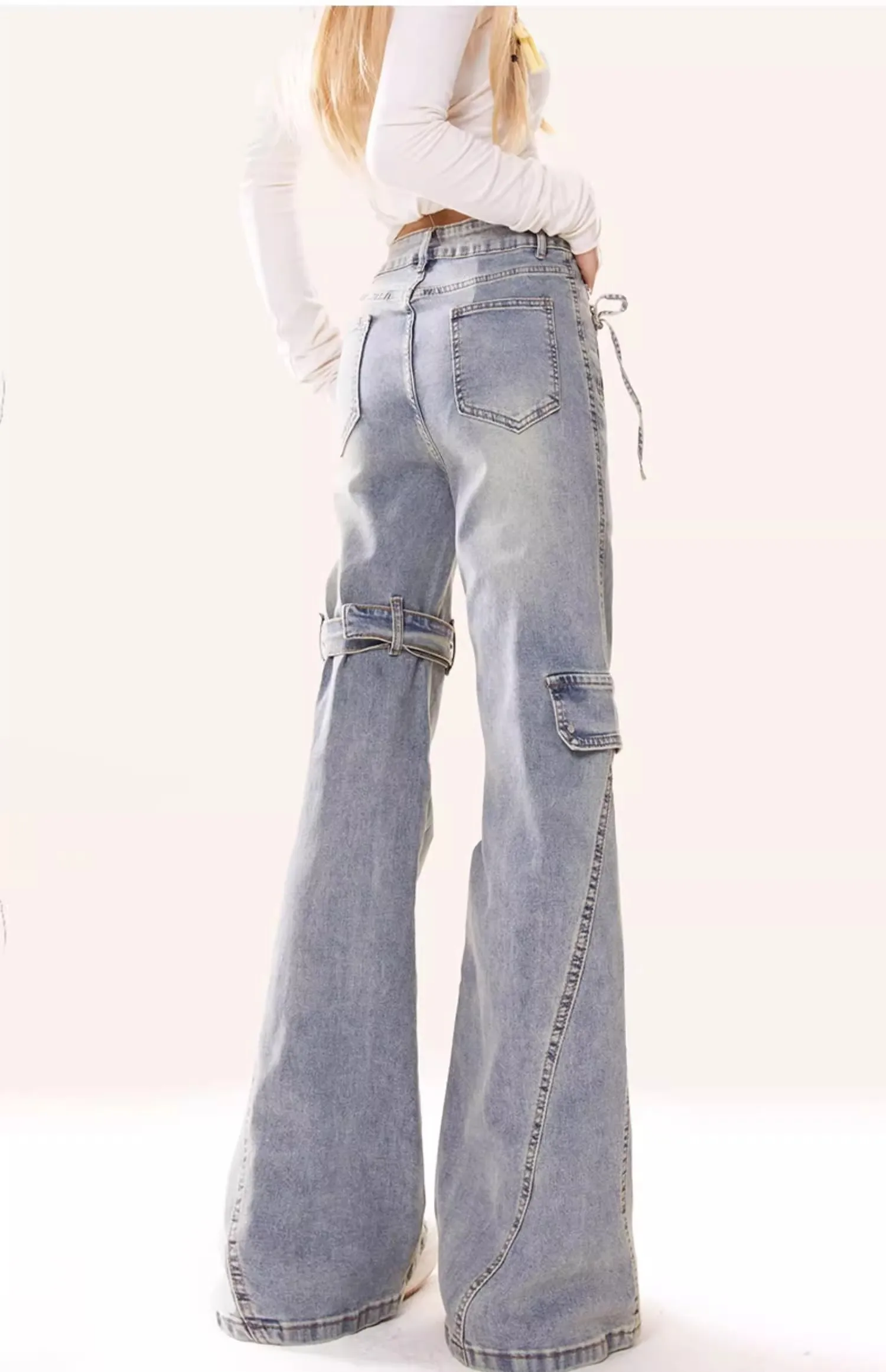 Jesienne niebieskie dżinsy damskie z wysokim stanem Baggy Casual Vintage Y2K Design Sense Straight Pants Street American Wide Leg Denim Trouser