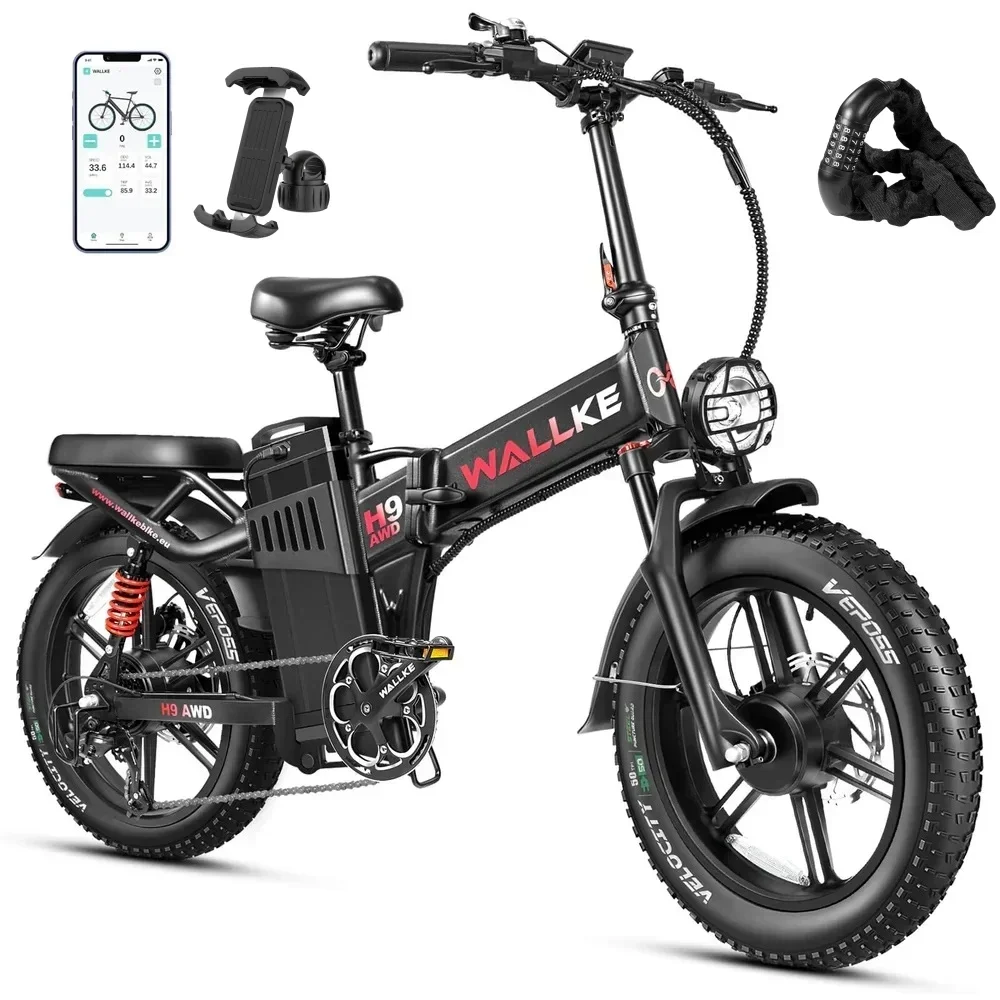 Bicicleta Eléctrica Plegable Wallke H9 AWD de 2000W, Batería de 40AH/60AH, Neumáticos Gruesos de 20*4.0'', Bicicleta Eléctrica de Montaña con Control por Aplicación