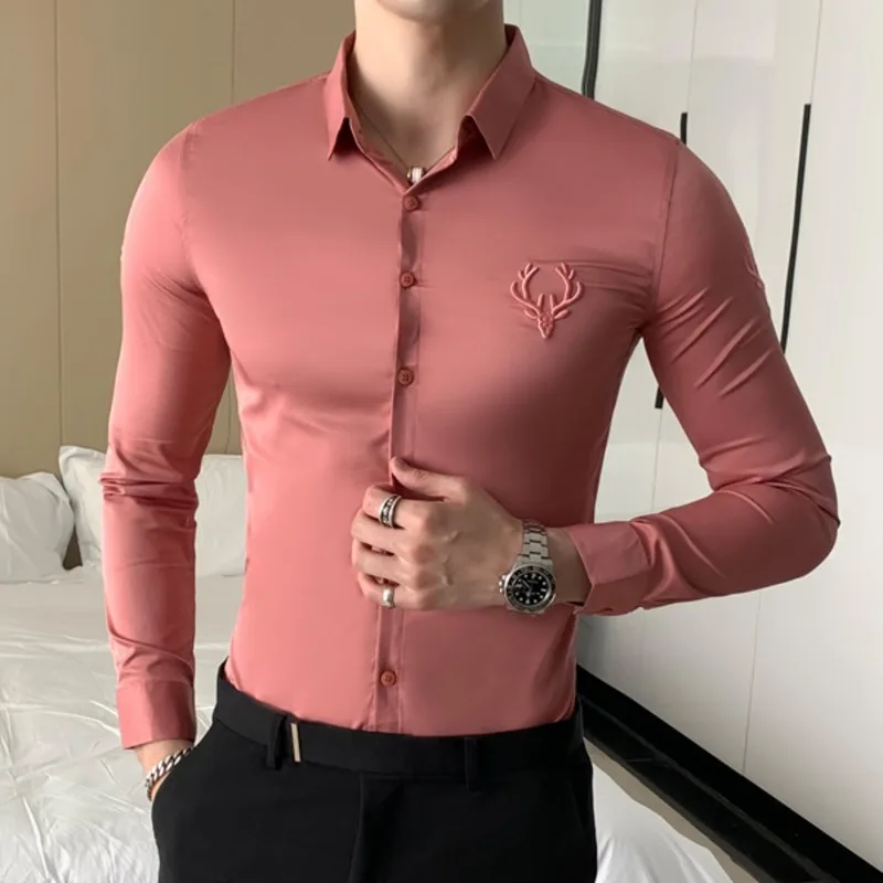 Solid Simple Mens Casual Shirt Slim Fit Business Formal Wear Deer Head Embroidery Shirt Men Brand New 2020 Long Sleeve Men Shirt