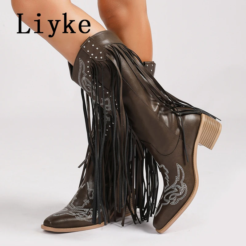 

Ковбойские сапоги до середины икры Liyke в западном стиле, женская обувь для верховой езды, модная кожаная обувь с острым носком и вышивкой, на низком толстом каблуке, Zapatos Mujer