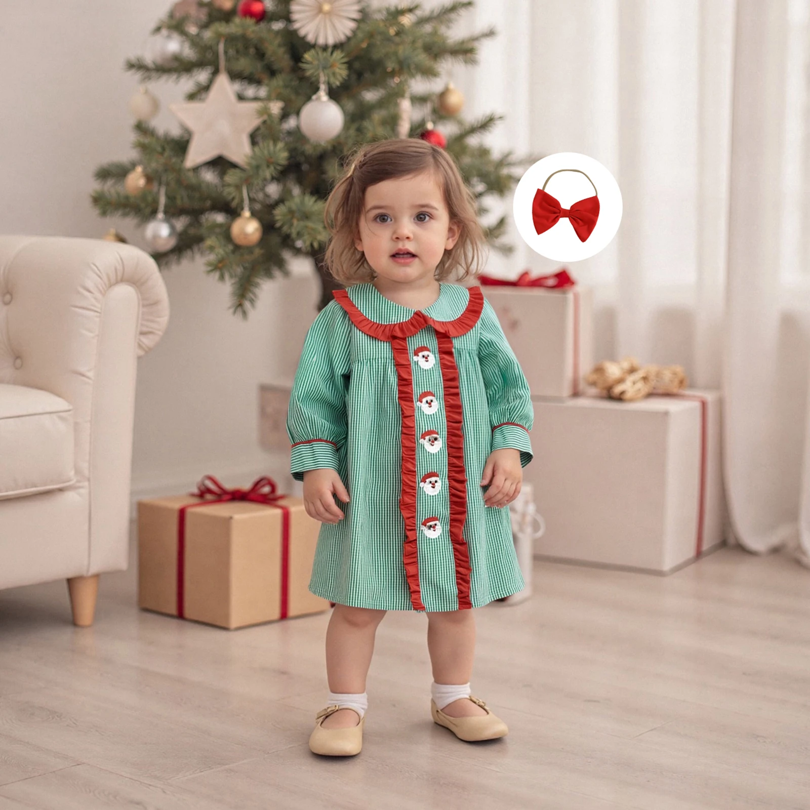 فستان منقوش للفتيات الصغيرات بياقة دمية عيد الميلاد مطرز سانتا كلوز بأكمام طويلة مع عصابة رأس #2