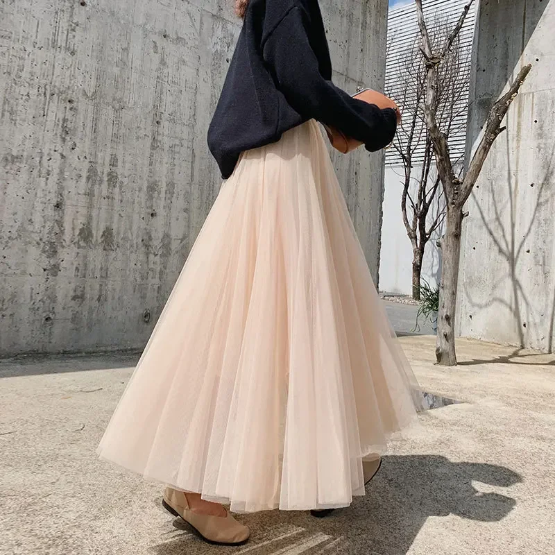 Women Skirt Fashion 2024 Summer A Line Ankle Length Elastic Waist Sun Tulle Mesh Long Skirt Relax Casual Street Wear Harajuku