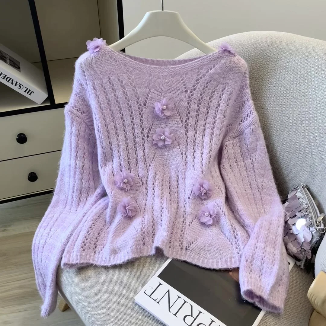 

Women Purple 3D Floral Pullover Sweater Vintage 2000s Y2k Knitwear Long Sleeves Hollow Jumper Sweater Autumn Winter Clothes 2025