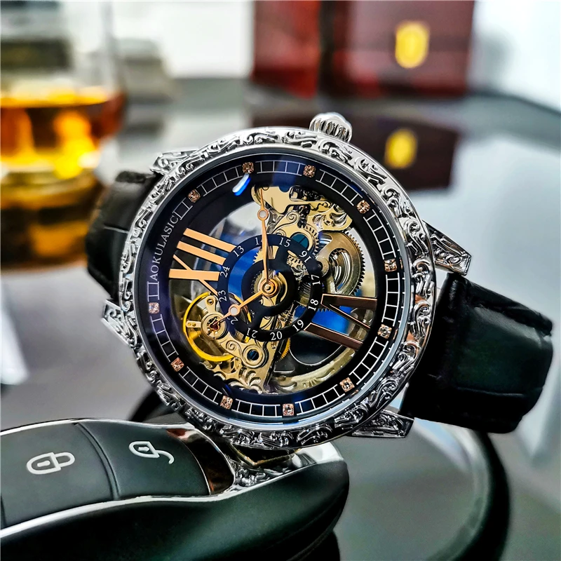 AOKULASIC Men Wristwatch Automatic Mechanical Military Sport Transparent Male Clock Top Brand Luxury Skeleton Hollow Watch