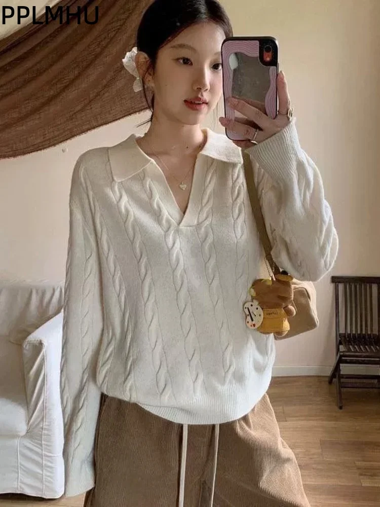 

Корейский модный вязаный свитер с воротником-поло, женские повседневные мешковатые теплые джемперы с v-образным вырезом, модные мягкие трикотажные пуловеры Sueter