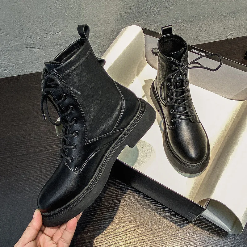 2023 NEW Women's Winter Boots Punk Shoes Black Platform Ankle Boots Motorcycle Boots Leather Lace-up Bright Boots Botas Mujer
