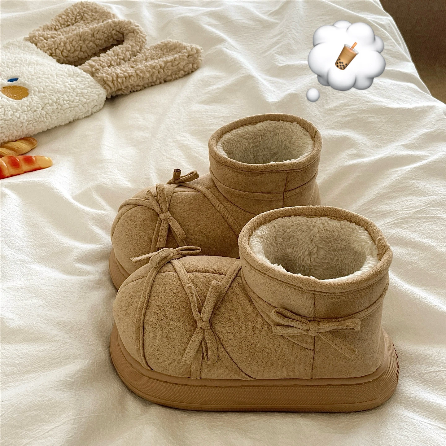 

Romantic Sni! Sweet Bowtie Fce Lined Thi Heel Cotton Slippers Women's Snow Boots Ins Sle Daily Wear Comfortable Warm