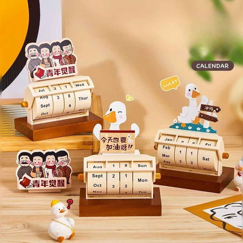 Rotating Wheel Perpetual Calendar Office Desktop Creative Calendar Ornament Cartoon Cute Desk Calendar Planner Wooden Gift