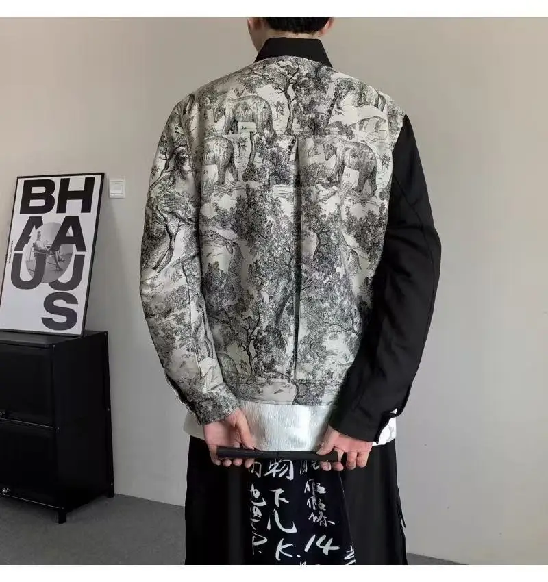 New Chinese Style Costume Men Women Water Ink Paintings Patchwork Standing Collar Jacket Niche Bisex Street Suit Han Elements