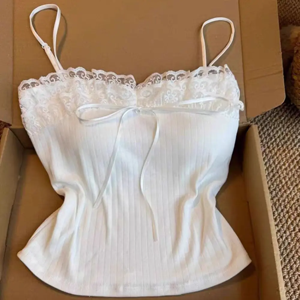 Modisches Schleifen-Slim-Spitzen-Crop-Top Süßes Unterhemd Mädchen-Weste Sommer-Camisole im Spice-Girls-Stil mit Polstern für Damen – Detail 10