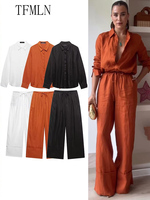 TFMLN 2025 Women Blouse Trouser Sets Office Ladies Elegant Long Sleeve Casual Loose Shirt Wide Leg Pant Suits Simple Outfits