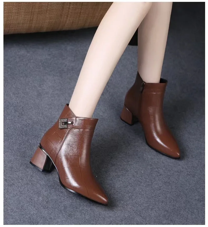 Women Autumn Winter Boots Women Shoes Pure Color Booties Drill Buckle Strap Square Heel Single Shoes Outdoor Warm Shoes