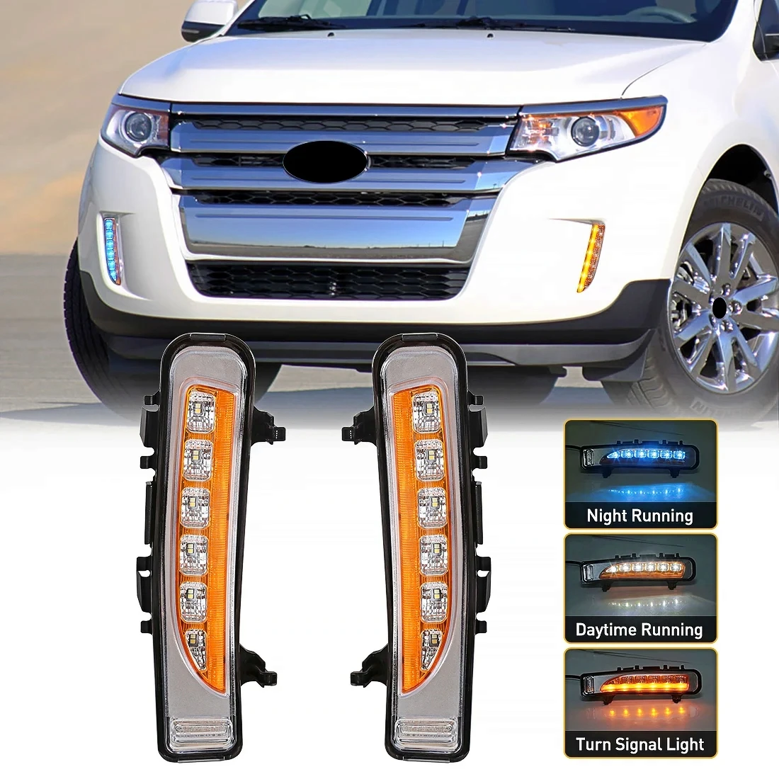 

For Ford Edge 2009 2010 2011 2012 2013 2014 DRL Car LED Daytime Running Light Dynamic Turn Signal White Yellow Blue Fog Lamp 12V