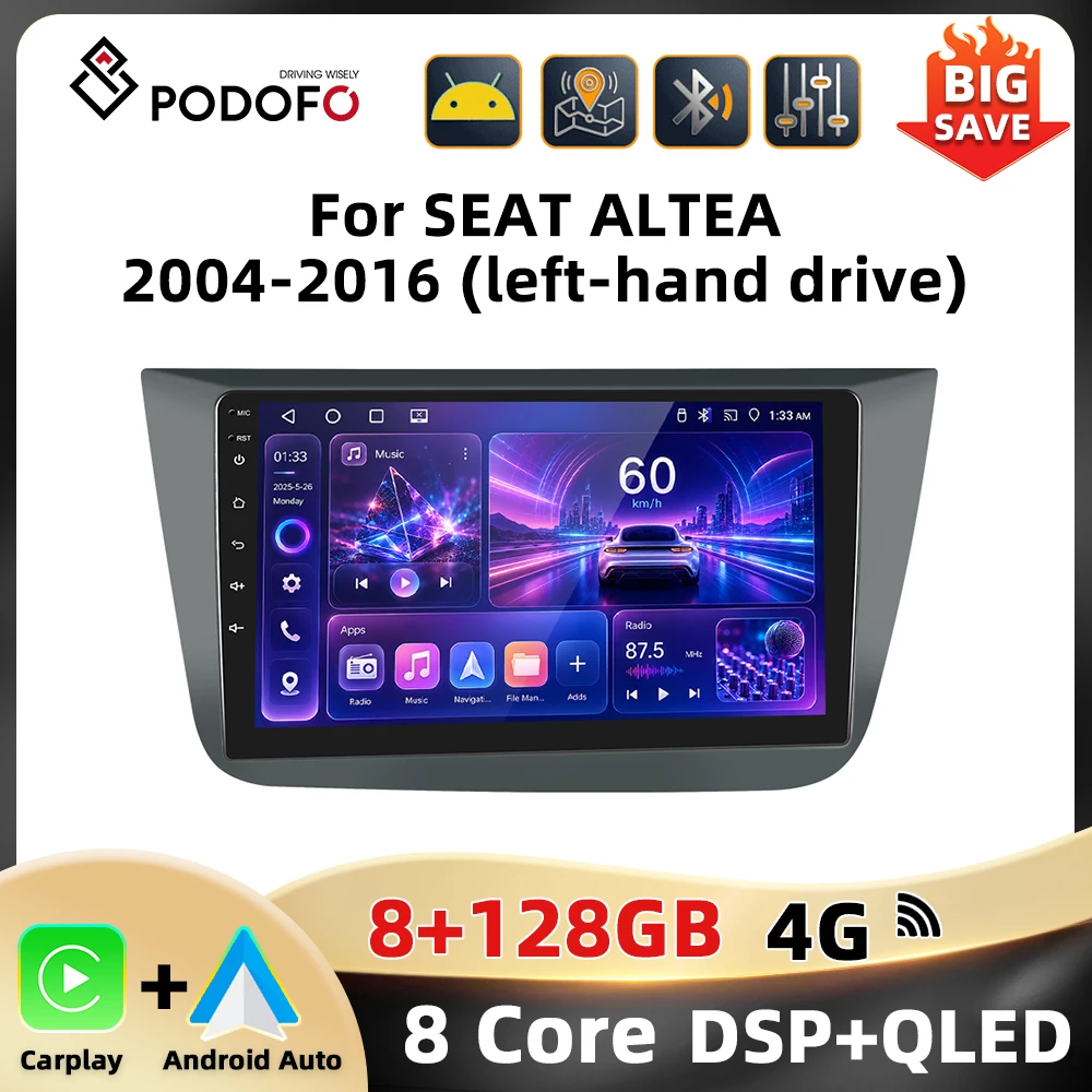 Autoradio Podofo Carplay pour SEAT ALTEA 2004-2016, Radio Intelligente pour Voiture, Android Auto, Navigation GPS, WIFI 4G, Commande vocale AI, FM AM RDS, Audio de Voiture