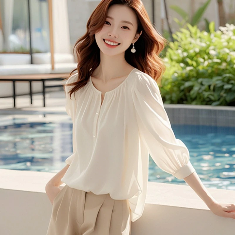 

Винтажные женские блузки, шифоновые повседневные рубашки, модная свободная летняя корейская одежда, однотонные женские топы с короткими рукавами и круглым вырезом