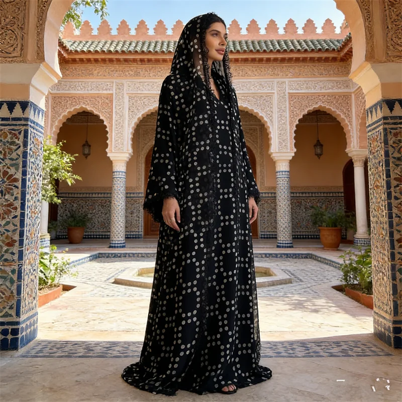 

Абайя в горошек, дубайский кафтан, женское мусульманское платье-хиджаб, кимоно-кардиган, кебая для Рамадана, марокканский кафтан, исламское платье, джалабия