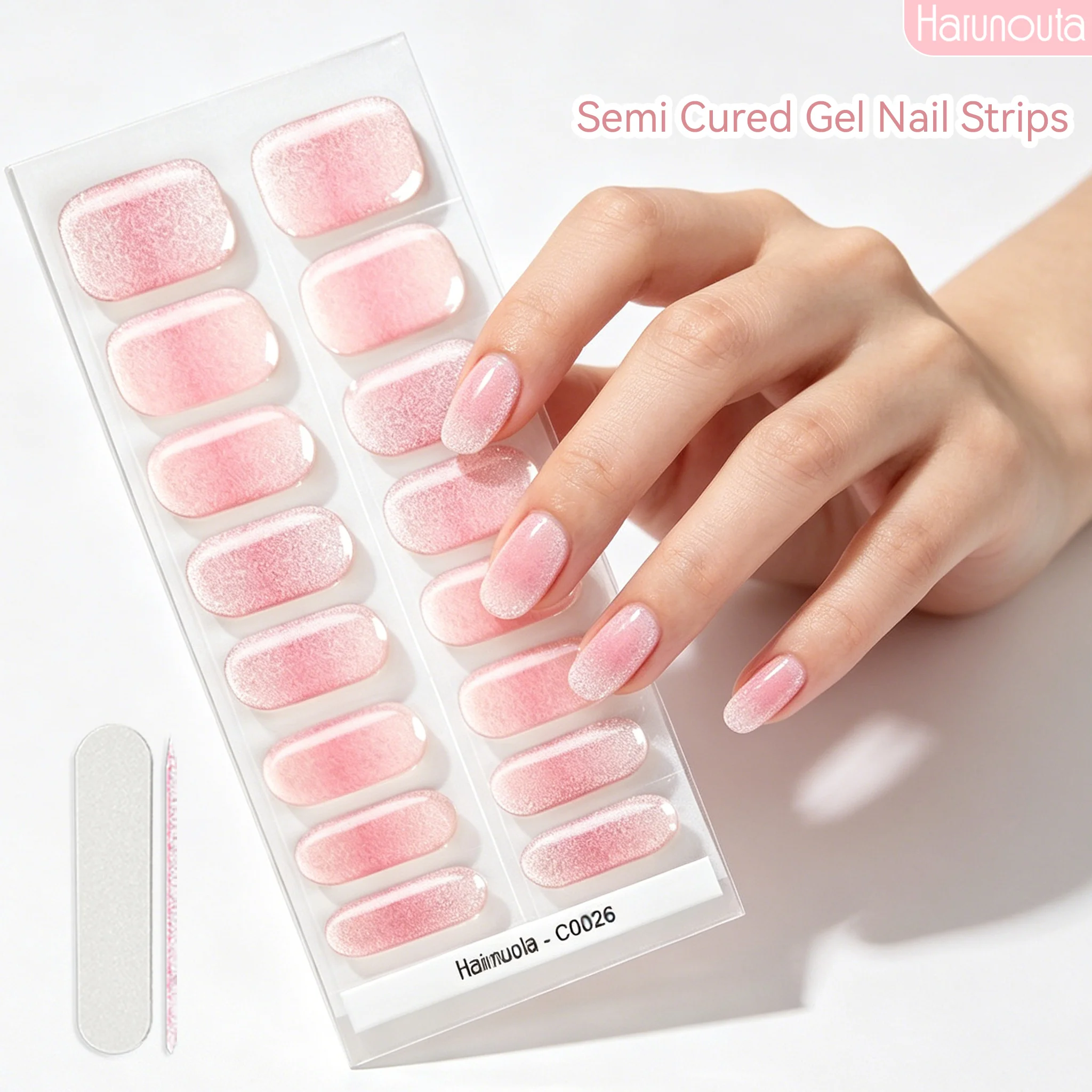 Gradient Auroras Pink Semi Cured Gel Nail Strips Sparkly Shinning DIY Gel Polish Stickers for Nails Works with UV/LED Nail Lamps