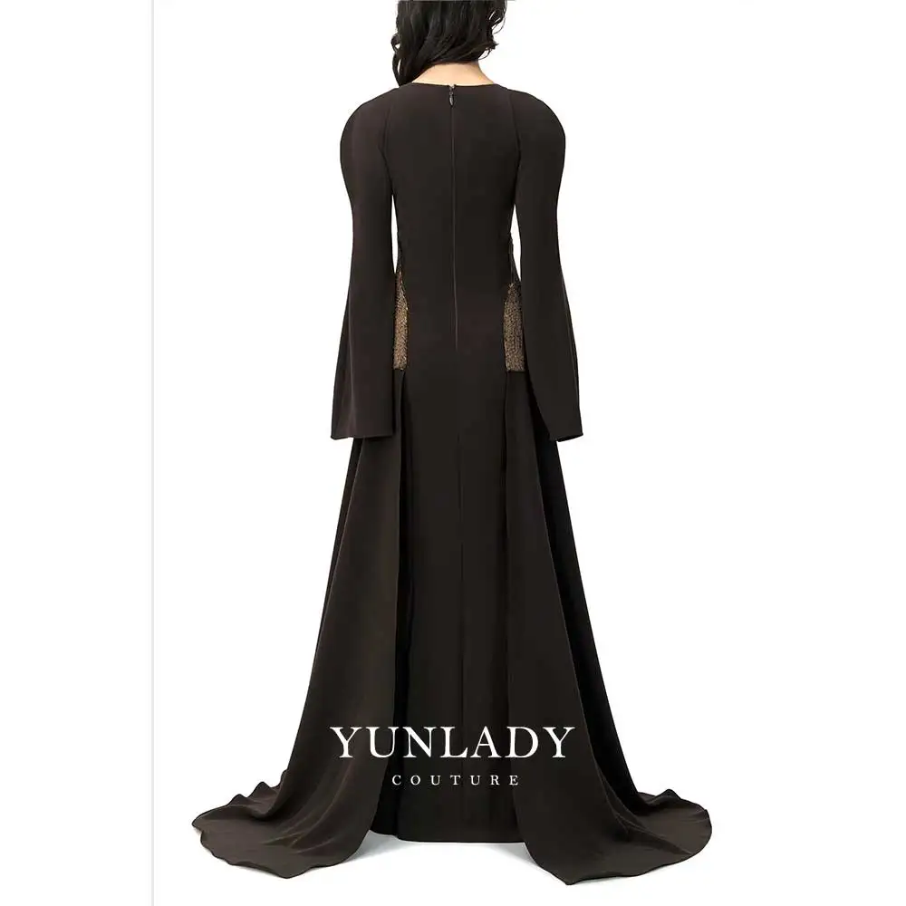 

Customized Brown Crepe Long-Sleeved O-neck Evening Gown Luxury Saudi Arabian Women Formal Beads Dress For Special Occasions