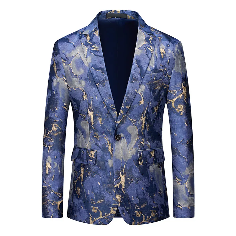 Men's Luxury Blue Gold Abstract Jacquard Suit Jacket Korean Style Single Breasted Blazer for Stage Prom Banquet Party.