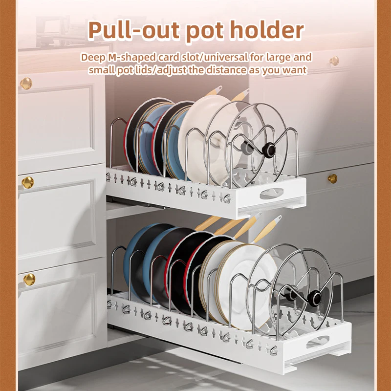 Pot Storage Rack Sliding Pot Lid Holder Adjustable Pan Pot Shelf Organizer Kitchen Cabinet Pull Out  Dish Drying Pot Lid Rack