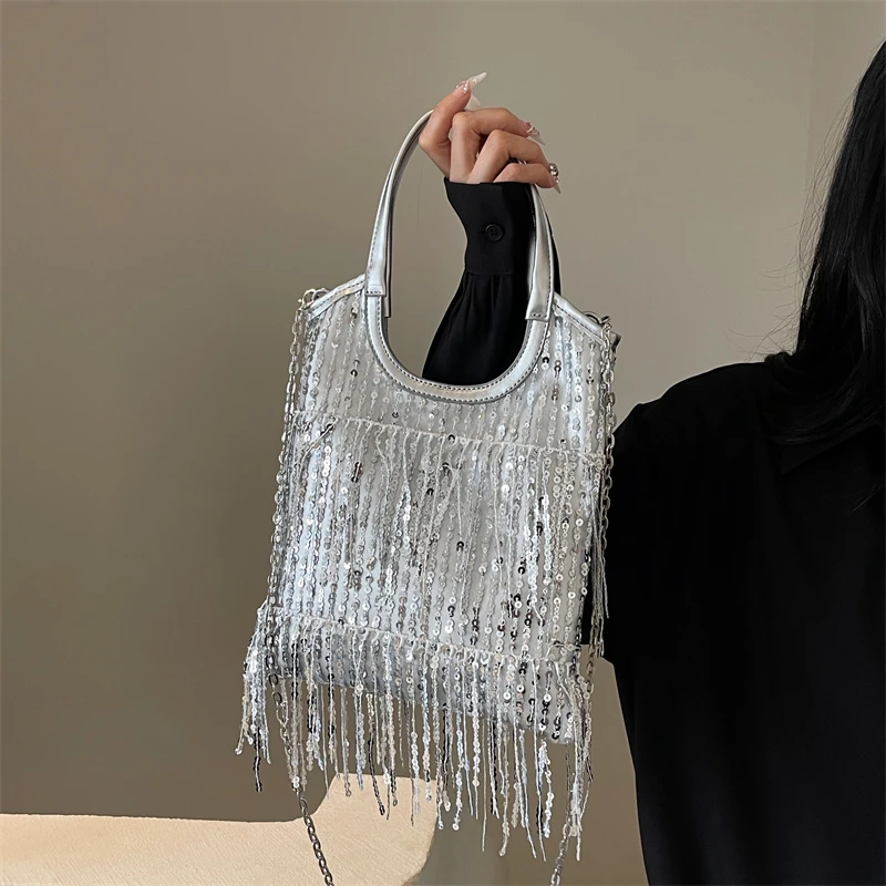 Super Cool Tassel Chains Square Shoulder and Crossbody Bags Hasp Sequined Exquisite Shine Party Handbags for Women 2024 Hot Sale