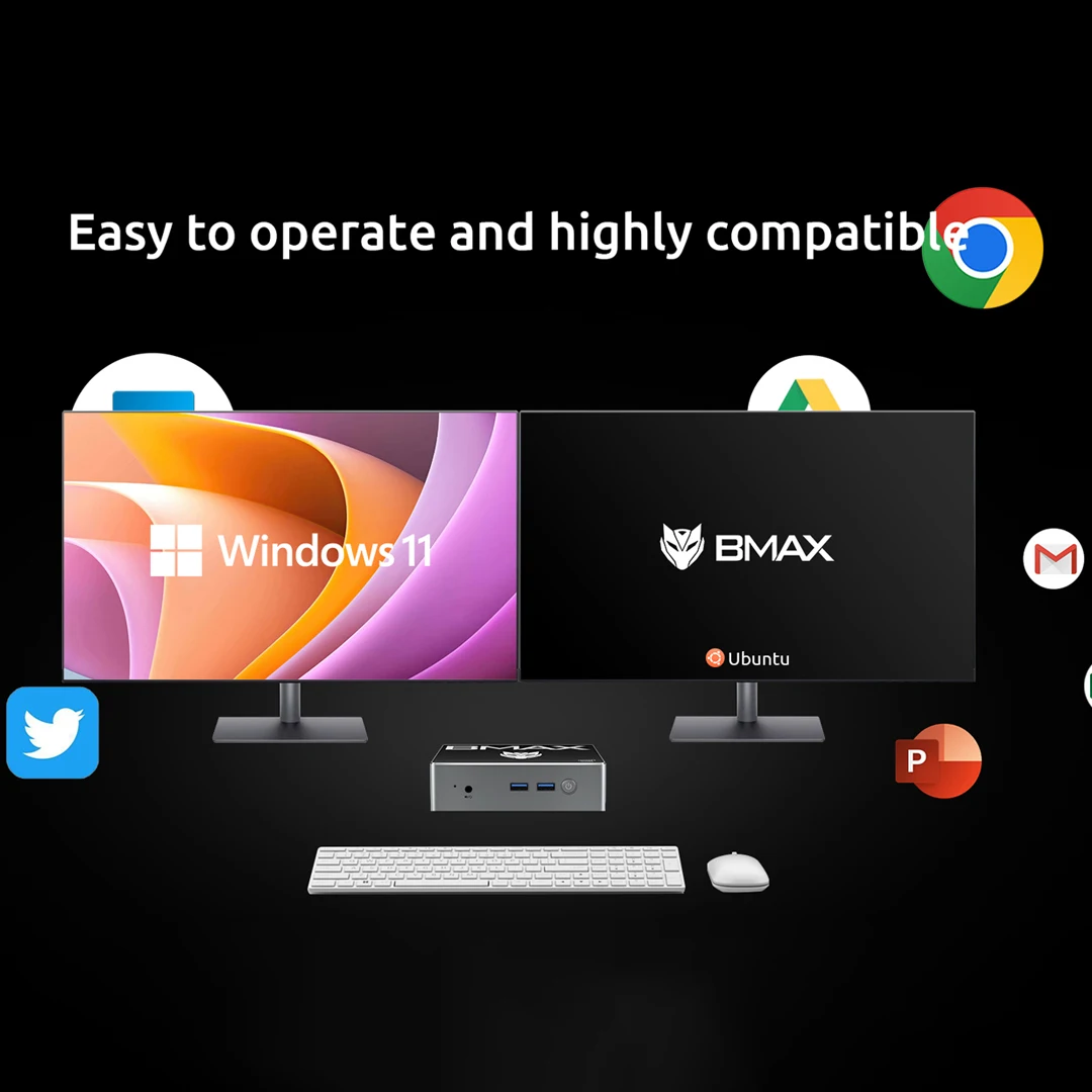 كمبيوتر صغير BMAX B4 يعمل بنظام التشغيل Windows 11 PC Intel N95 16GB 512GB SSD 2 * HDMI 2 * USB 2.0 2 * USB 3.0 يدعم رسومات Intel UHD 4K @ 60 هرتز