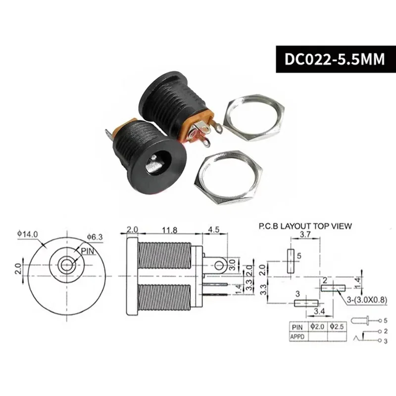 10/50/200PCS DC-022 5.5x2.1mm 5.5x2.5mm 5.5*2.1mmDC Power Jack  Black DC Connector Panel Mounting DC022 Socket 5.5-2.5