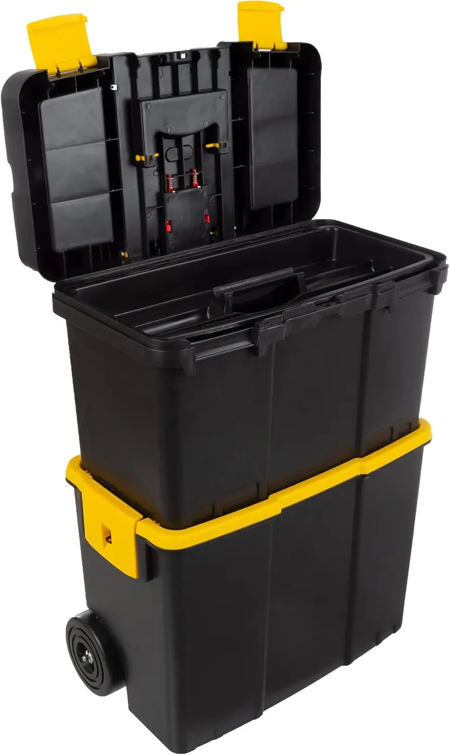

Portable Tool Box with Wheels, Stackable 2-in-1 Chest, Fold-Down Handles, Tough Latches & Removable Trays