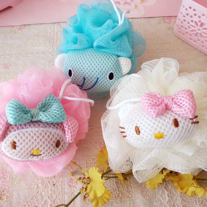 Sanrio New Cute White Hello Kitty Bath Flower Pink My Melody Shower Ball Large Girl Bathing  Back Rubbing Kawaii Cartoon Doll image 3