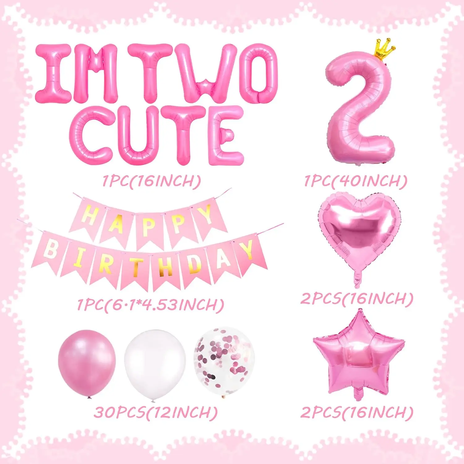 LaVent Im Two Cute Birthday Decoration Girl Im Two Cute Balloon Pink Number 2 Balloons Girl 2nd Birthday Decoration